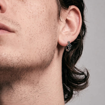 Black CZ Cross Huggie Hoop Earrings Silver Side Profile Worn by Male Model