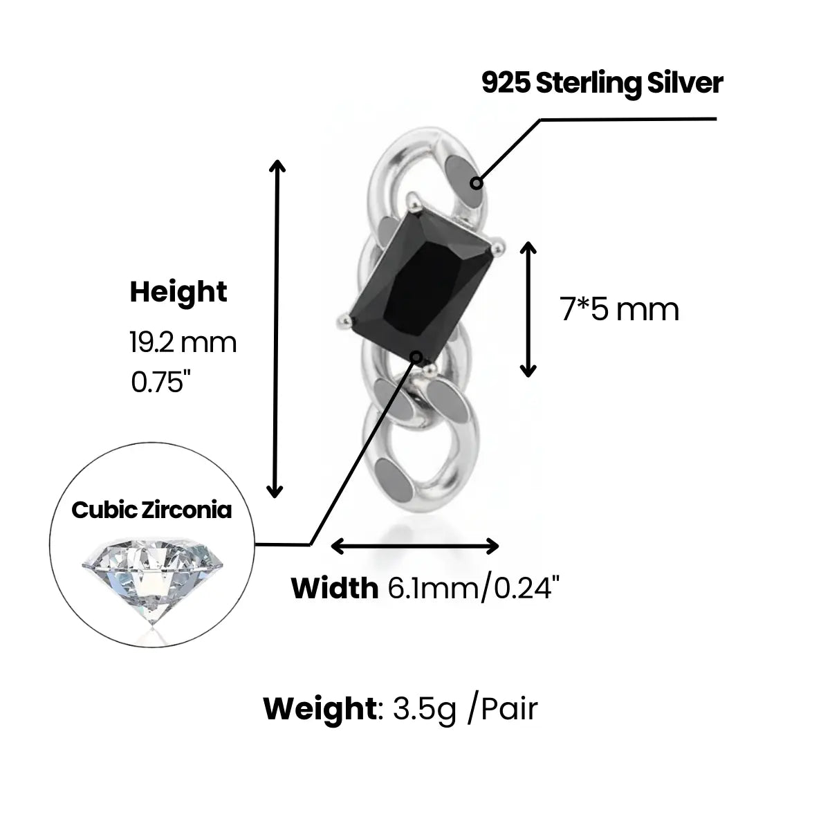 Black CZ Dangle Chain Earrings Dimensions and Weight