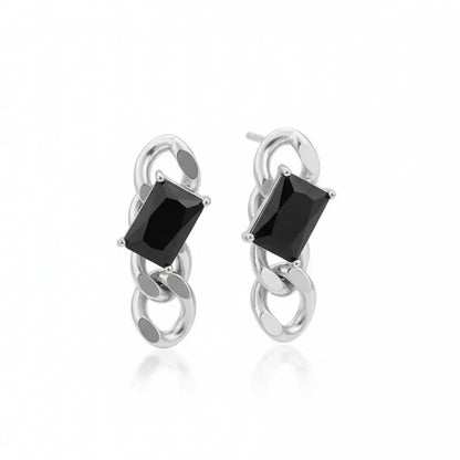 Black CZ Dangle Chain Earrings Front Details