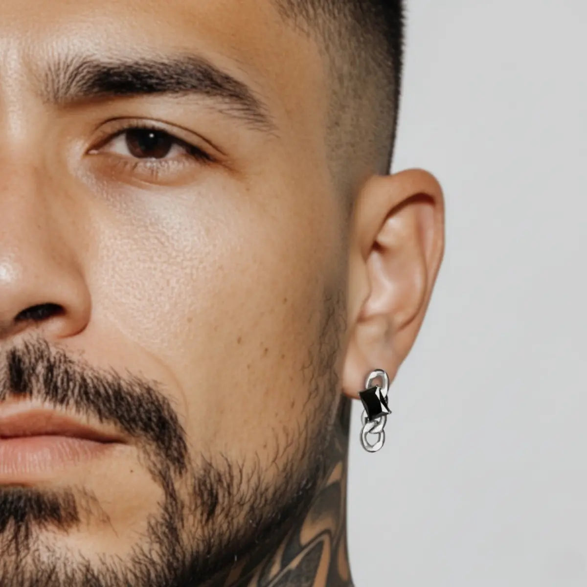 Black CZ Dangle Chain Earrings Worn by Male Model