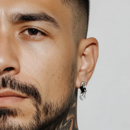 Black CZ Dangle Chain Earrings Worn by Male Model