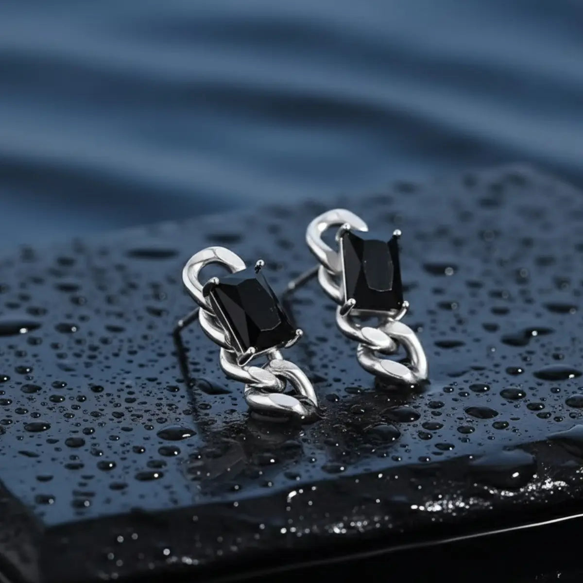 Black CZ Dangle Chain Earrings