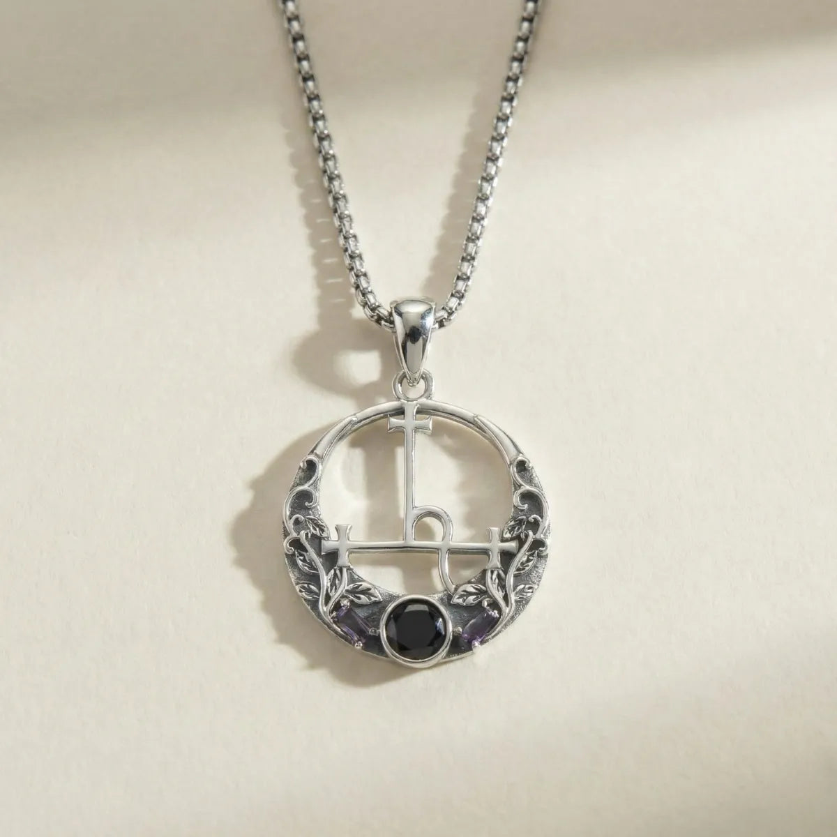 Black CZ & Purple Leaf Vine Lilith Sigil Necklace Close Up