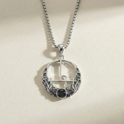 Black CZ & Purple Leaf Vine Lilith Sigil Necklace Close Up