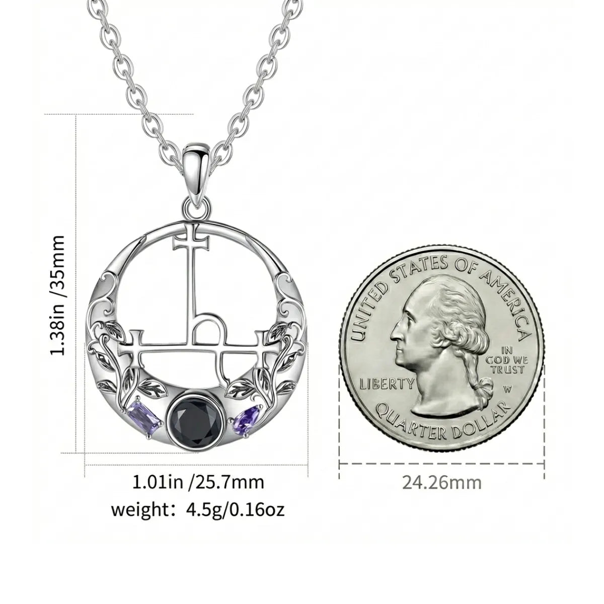 Black CZ & Purple Leaf Vine Lilith Sigil Necklace Size Comparison