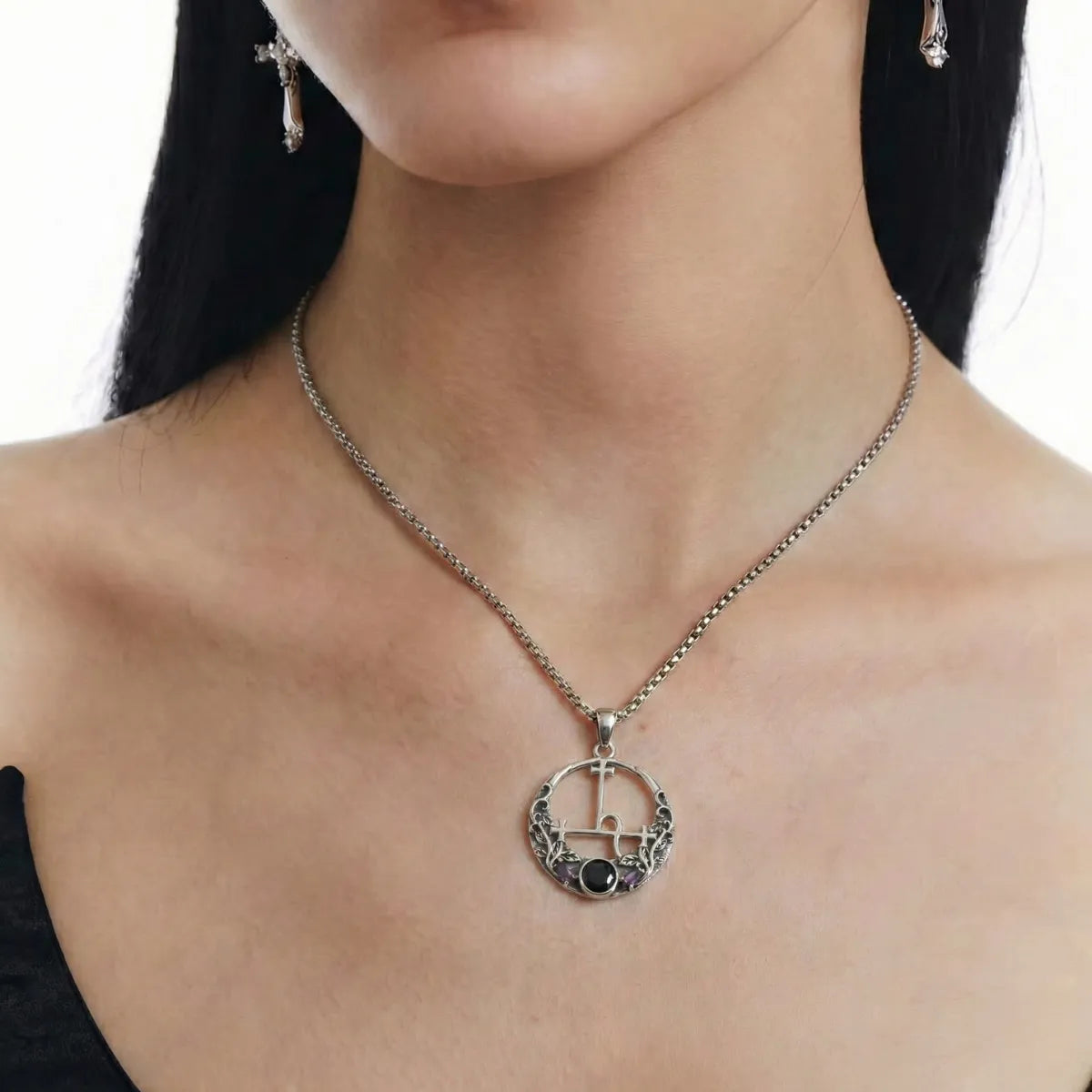Black CZ & Purple Leaf Vine Lilith Sigil Necklace Worn by Female Model