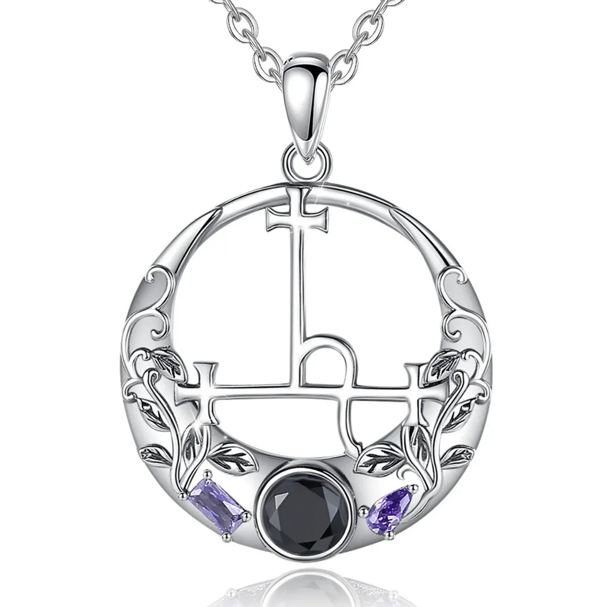 Black CZ & Purple Leaf Vine Lilith Sigil Necklace with 18inch Chain