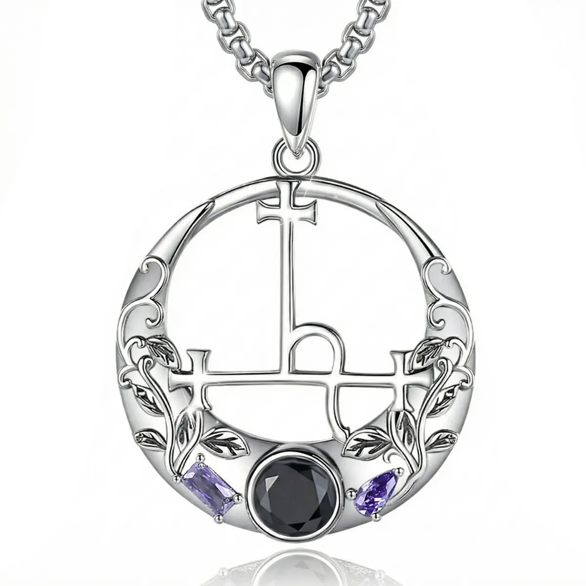 Black CZ & Purple Leaf Vine Lilith Sigil Necklace with 55cm Stainless Steel Chain