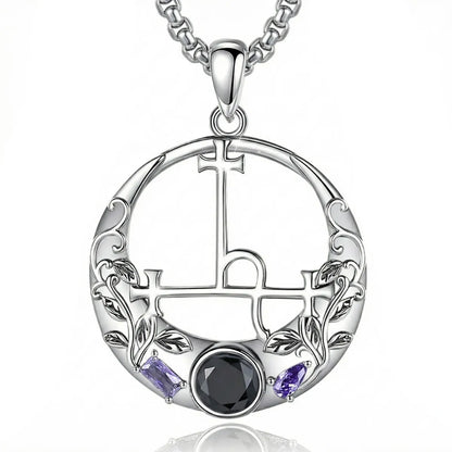 Black CZ & Purple Leaf Vine Lilith Sigil Necklace with 55cm Stainless Steel Chain