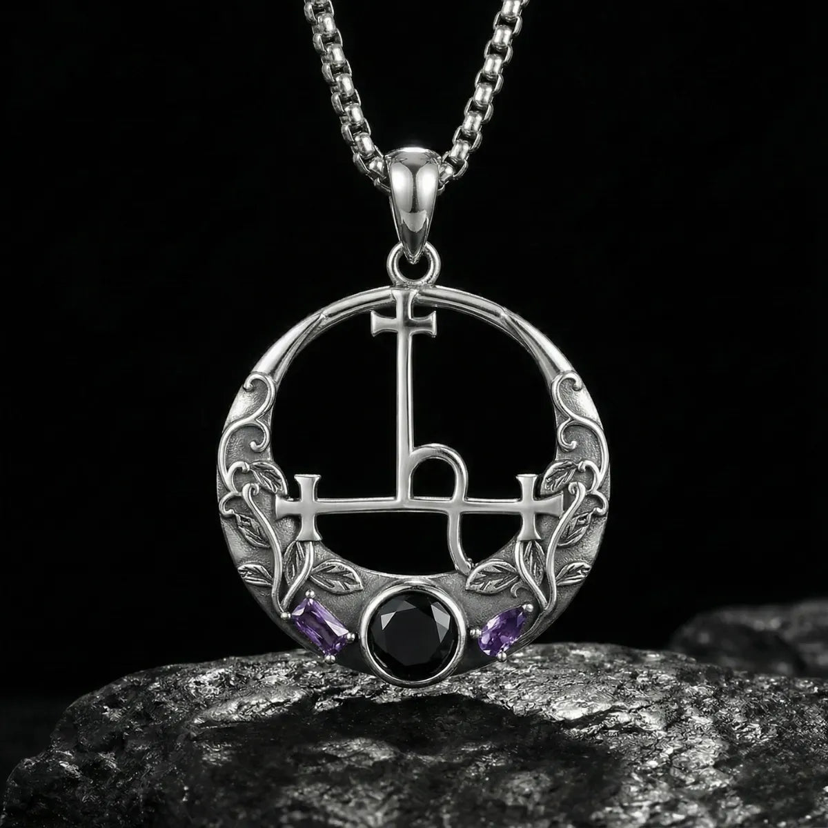 Black CZ & Purple Leaf Vine Lilith Sigil Necklace