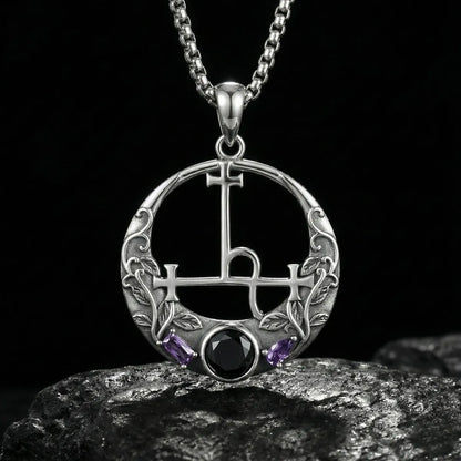 Black CZ & Purple Leaf Vine Lilith Sigil Necklace