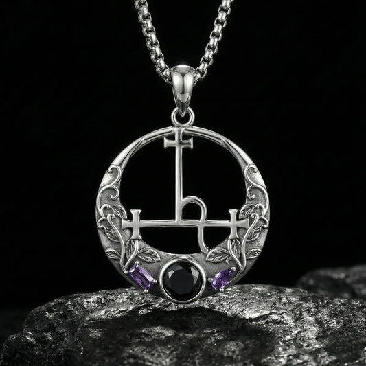 Black CZ & Purple Leaf Vine Lilith Sigil Necklace