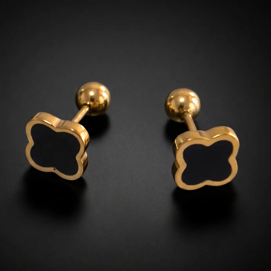Black Clover Stud Earrings Gold Premium Stainless Steel Close Up Black Background