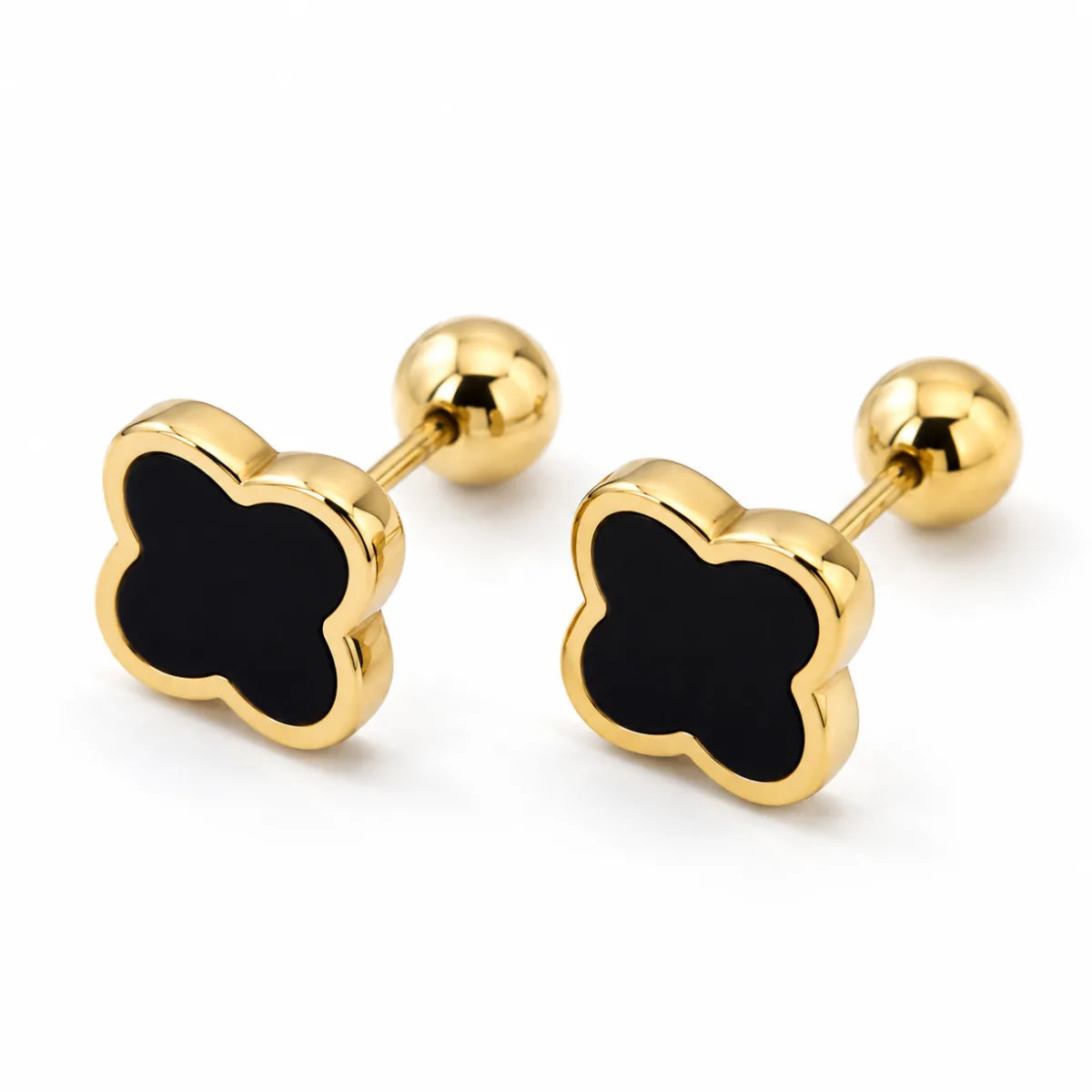 Black Clover Stud Earrings Gold Premium Stainless Steel Close Up White Background