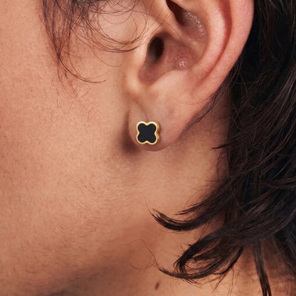 Black Clover Stud Earrings Gold Premium Stainless Steel Worn by Male Model