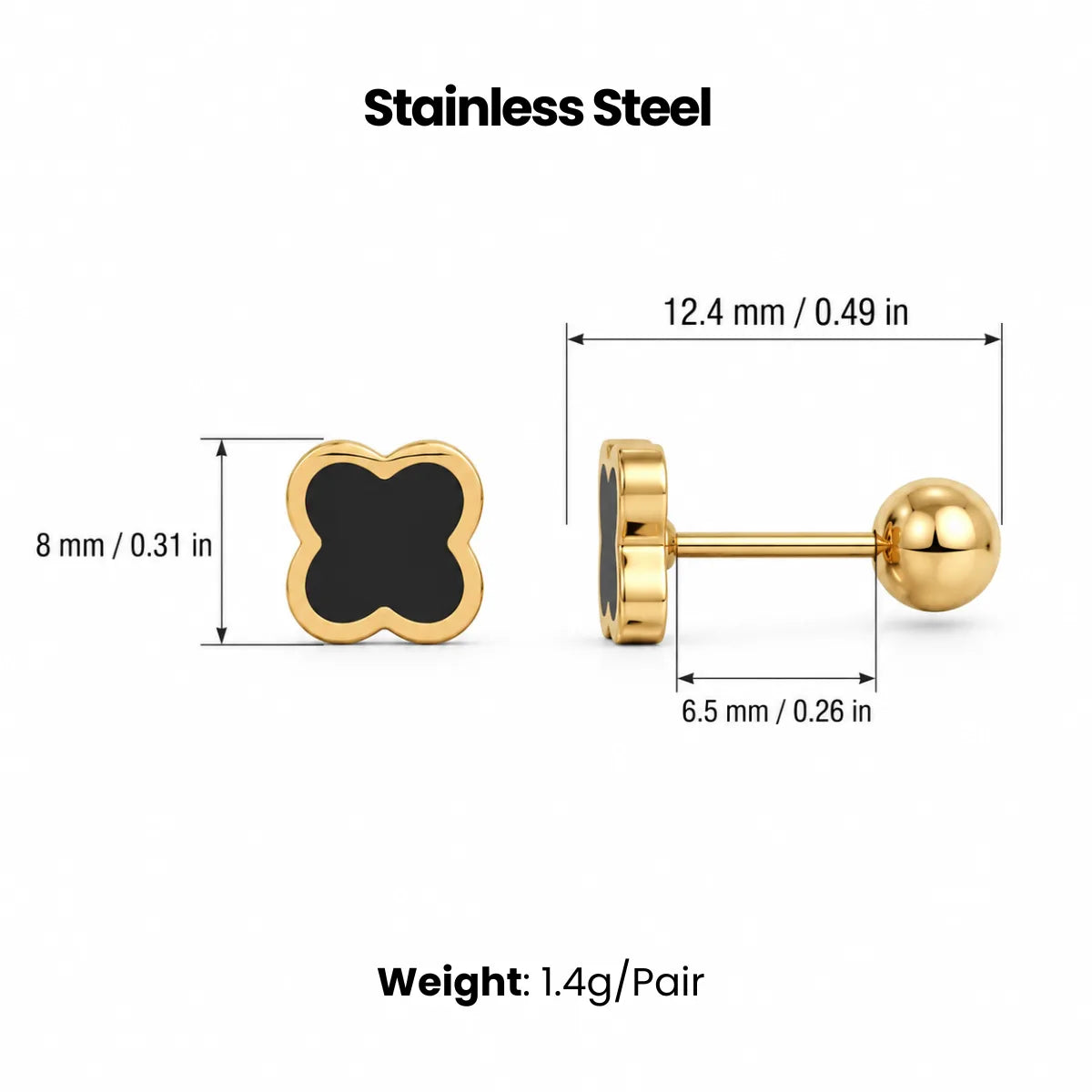 Black Clover Stud Earrings Premium Stainless Steel Dimensions and Details