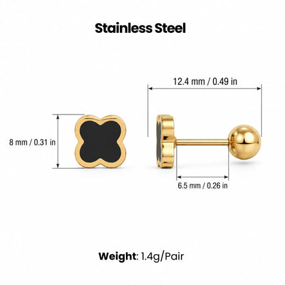 Black Clover Stud Earrings Premium Stainless Steel Dimensions and Details