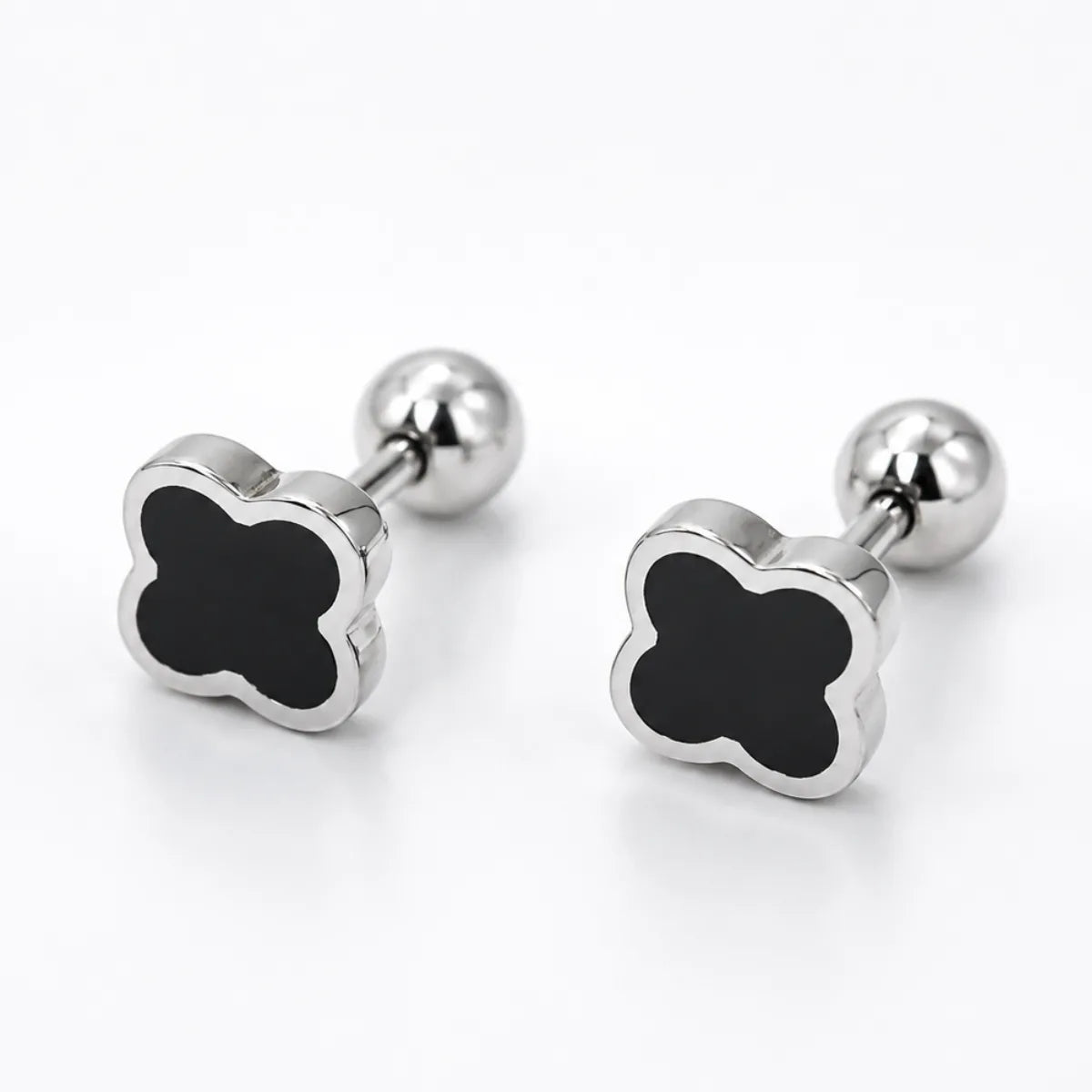 Black Clover Stud Earrings Silver Premium Stainless Steel Close Up White Background
