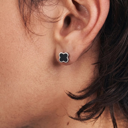 Black Clover Stud Earrings Silver Premium Stainless Steel Worn by Male Model