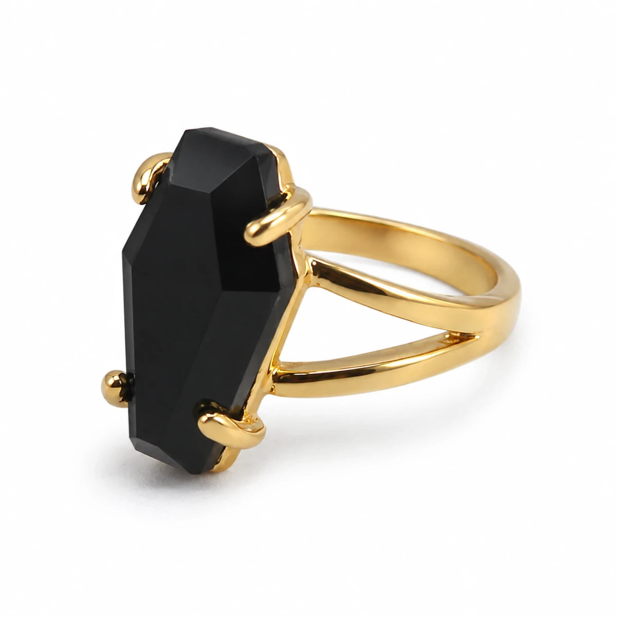 Black Coffin Ring Gold Front View White Background