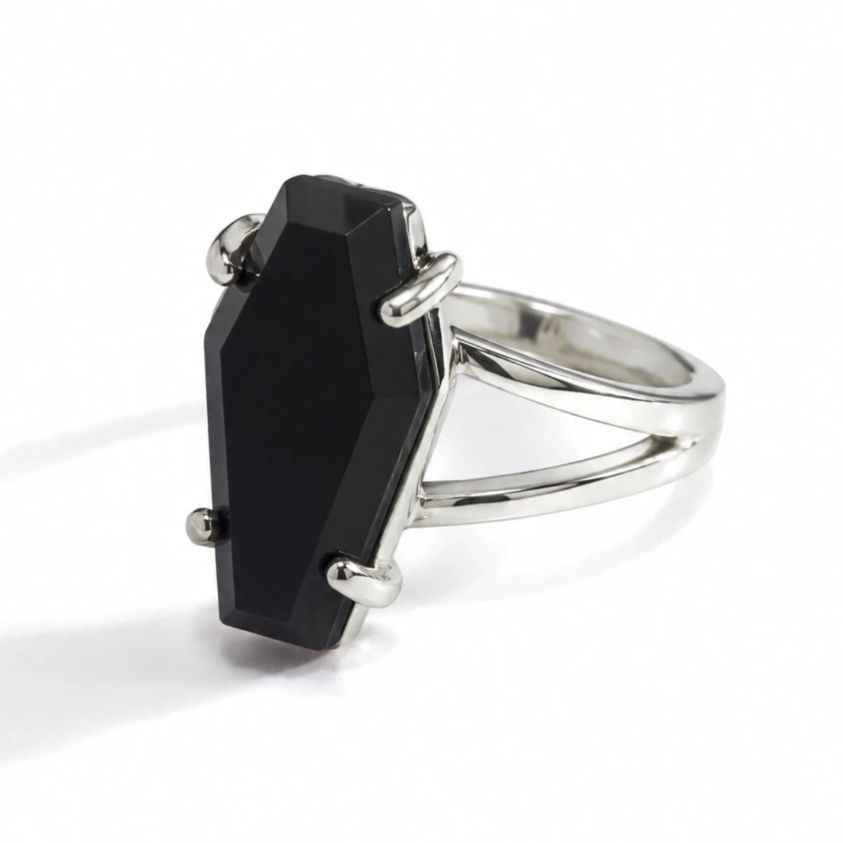 Black Coffin Ring Silver Front View White Background