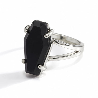 Black Coffin Ring Silver Front View White Background
