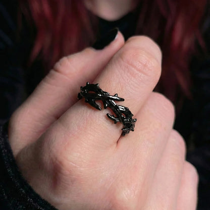 Black Crown of Thorns Ring Worn by Female Model