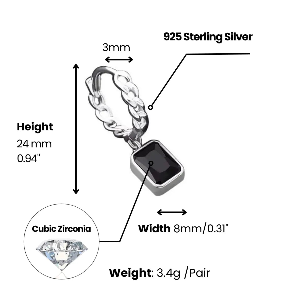 Black Diamond Chain Drop Earrings Dimensions And Weight