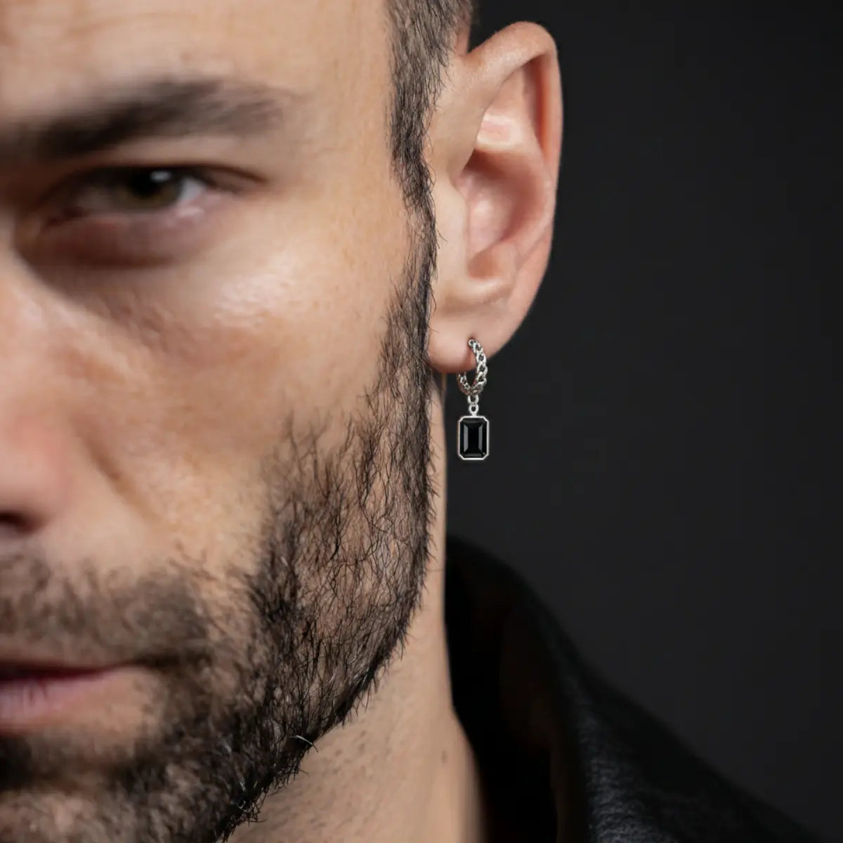 Black Diamond Chain Drop Earrings Worn by Male Model