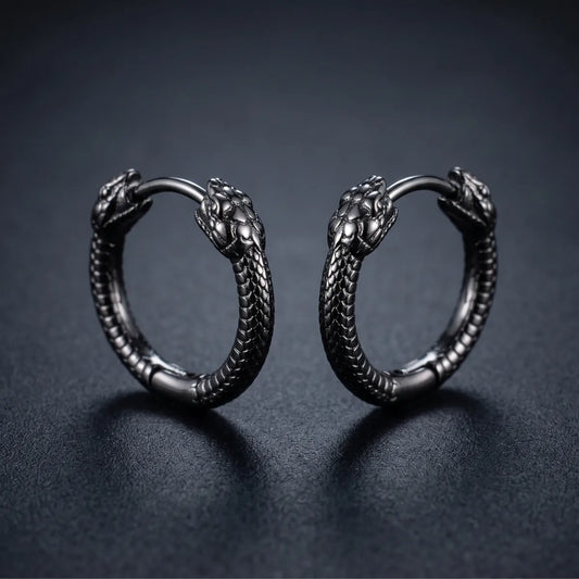 Black Double Snake Head Hoop Earrings Close Up Black Background