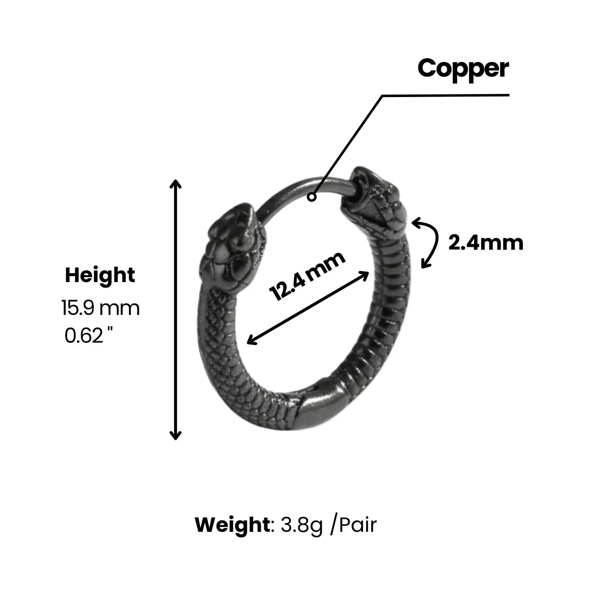 Black Double Snake Head Hoop Earrings Dimensions and Weight