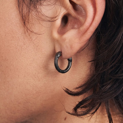 Black Double Snake Head Hoop Earrings Worn by Male Model Side View