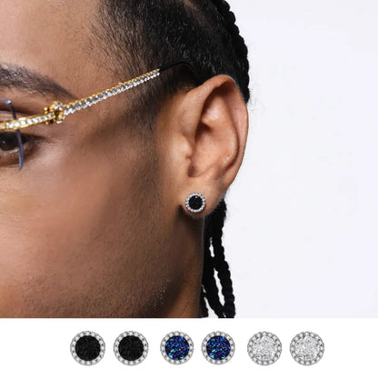 Black Druzy Stud Earrings Sterling Silver Front Worn by Male Model