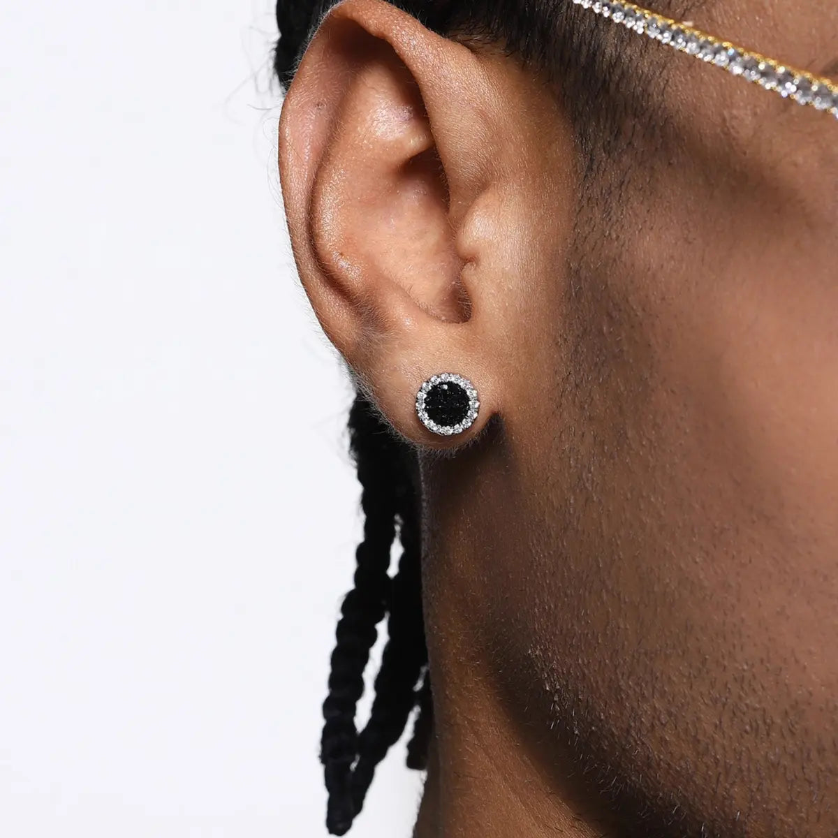 Black Druzy Stud Earrings Sterling Silver Worn by Male Model Close up