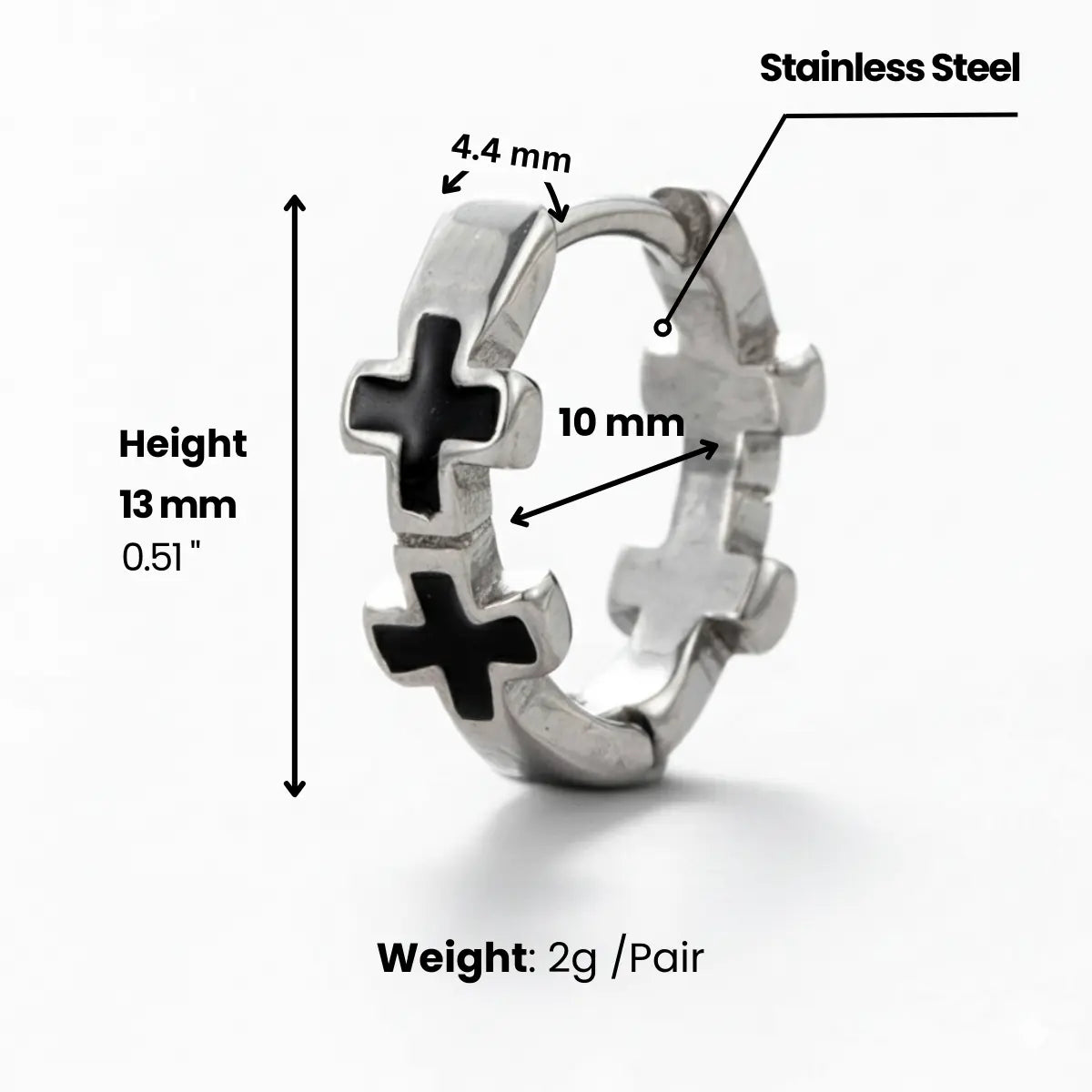 Black Enamel Cross Huggie Hoop Earrings Dimensions and Weight