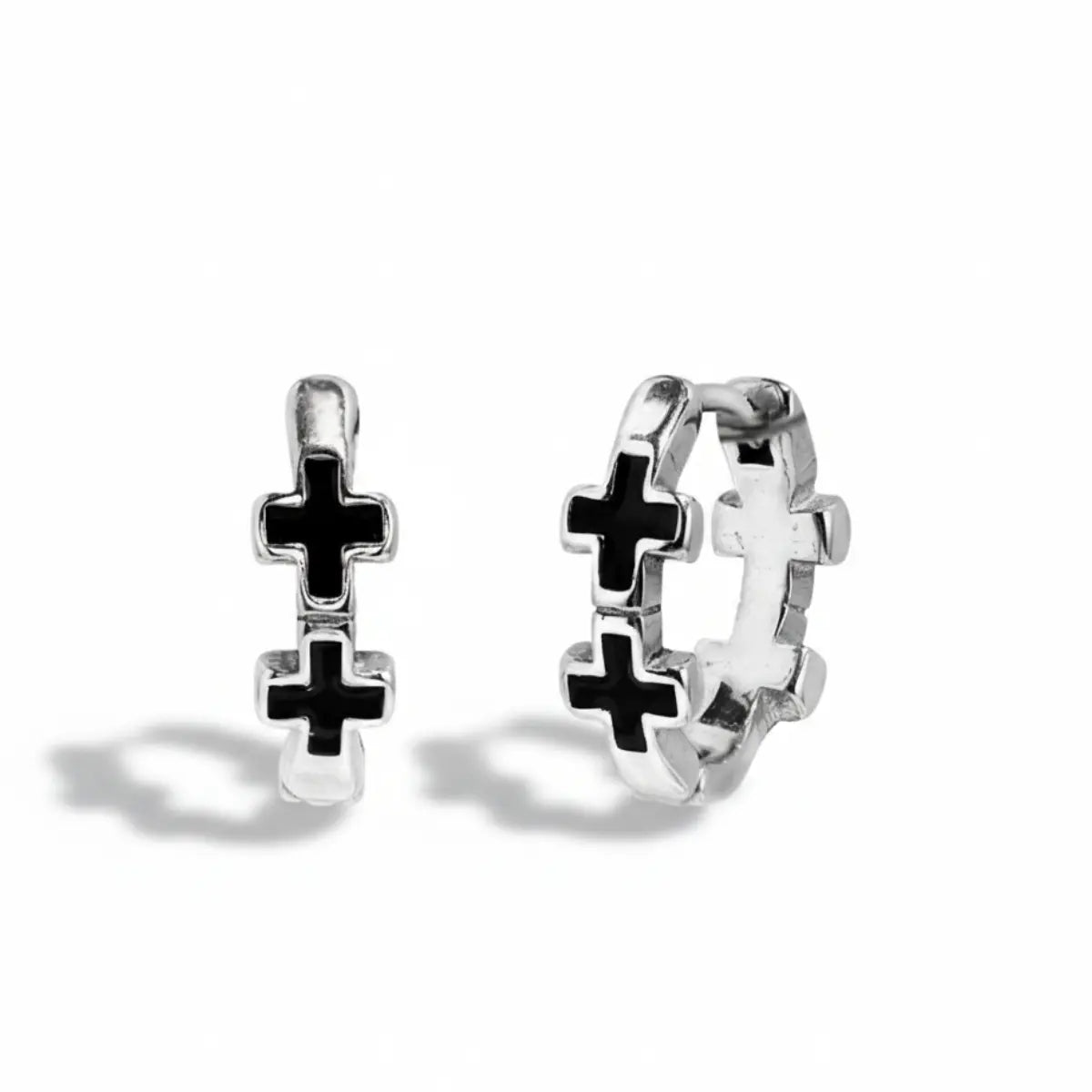 Black Enamel Cross Huggie Hoop Earrings Front