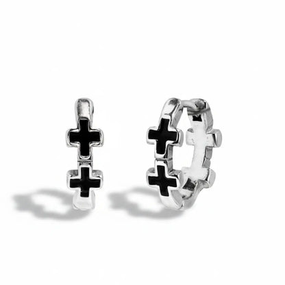 Black Enamel Cross Huggie Hoop Earrings Front