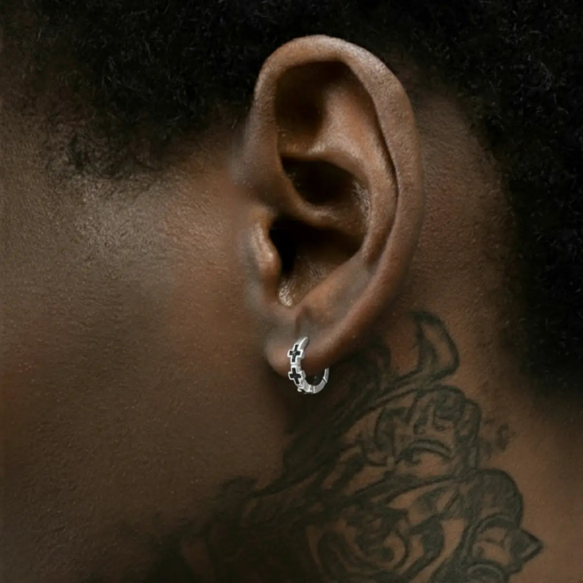Black Enamel Cross Huggie Hoop Earrings Worn by Male Model