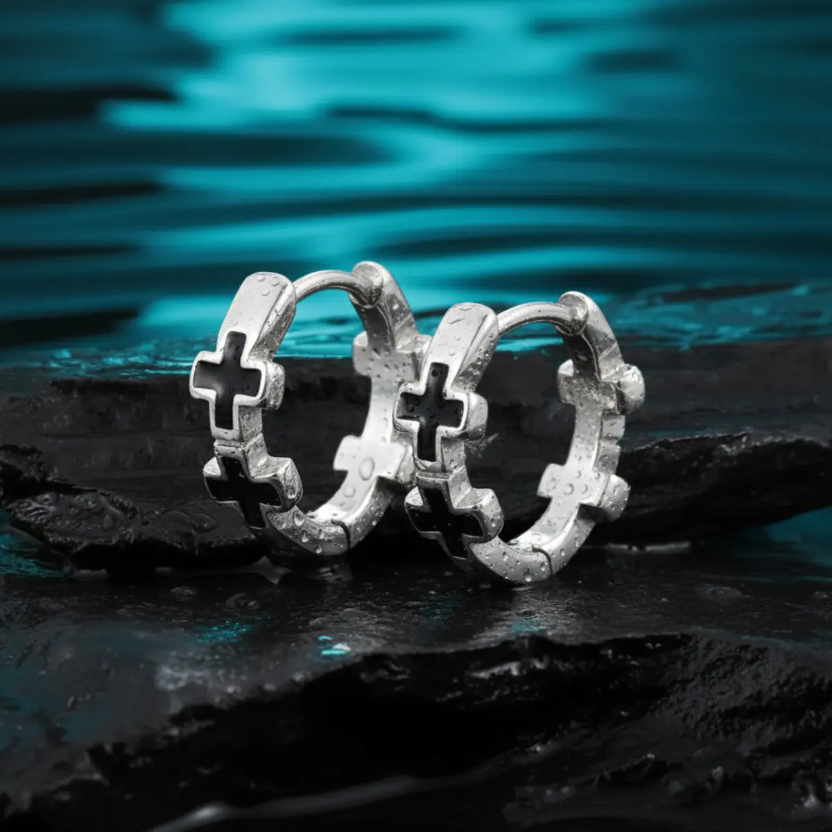 Black Enamel Cross Huggie Hoop Earrings