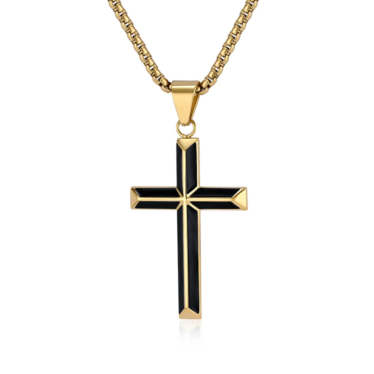 Black Enamel Cross Necklace Gold Pendant with Chain Front View White Background