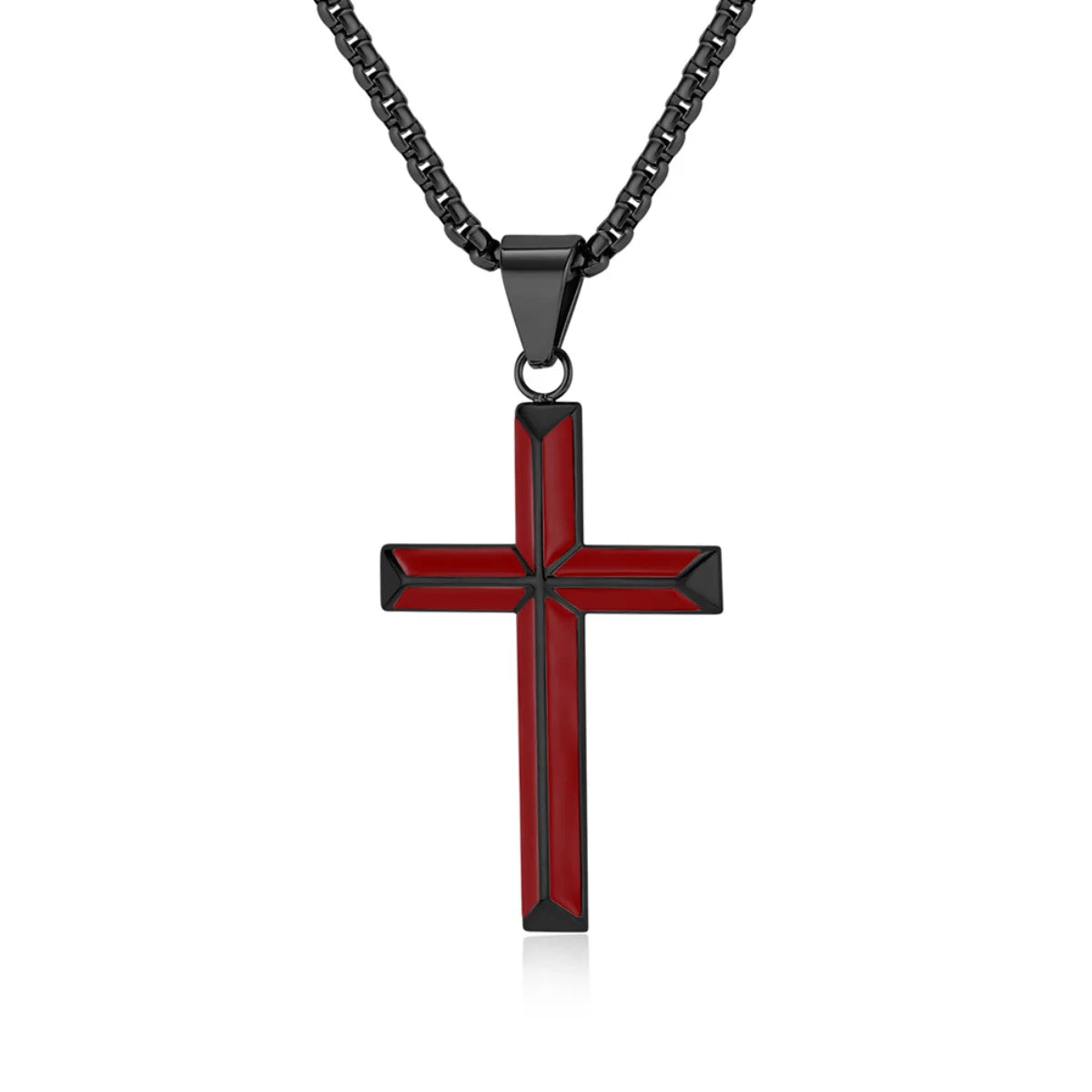 Black Enamel Cross Necklace Red Pendant with Chain Front View White Background