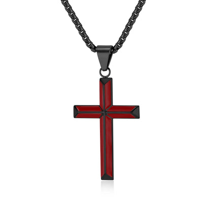 Black Enamel Cross Necklace Red Pendant with Chain Front View White Background