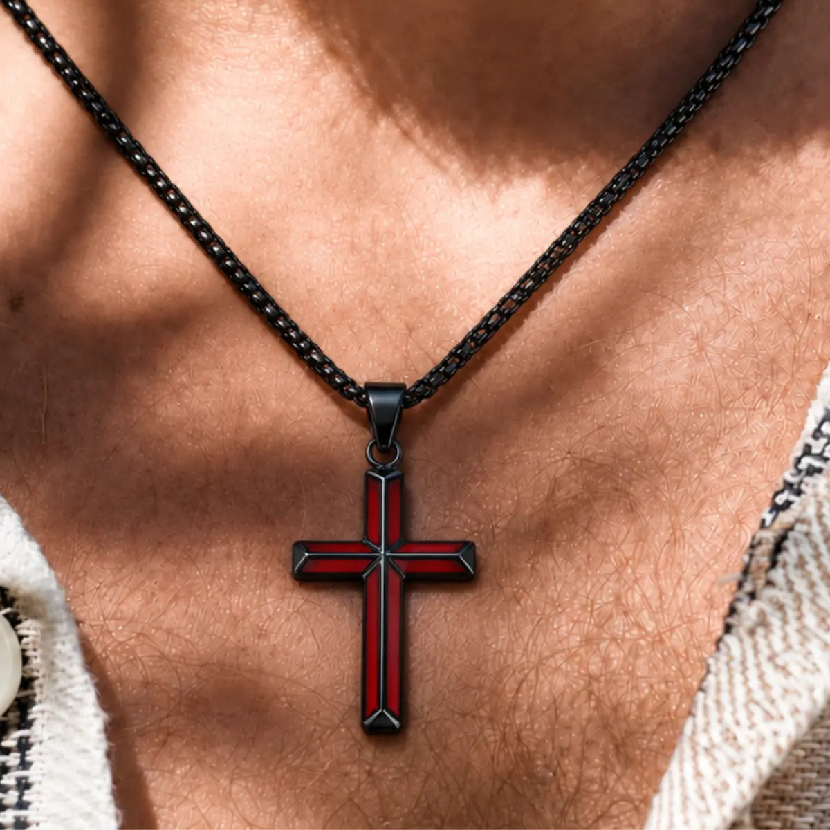 Black Enamel Cross Necklace Red Worn by Male Model Chest View
