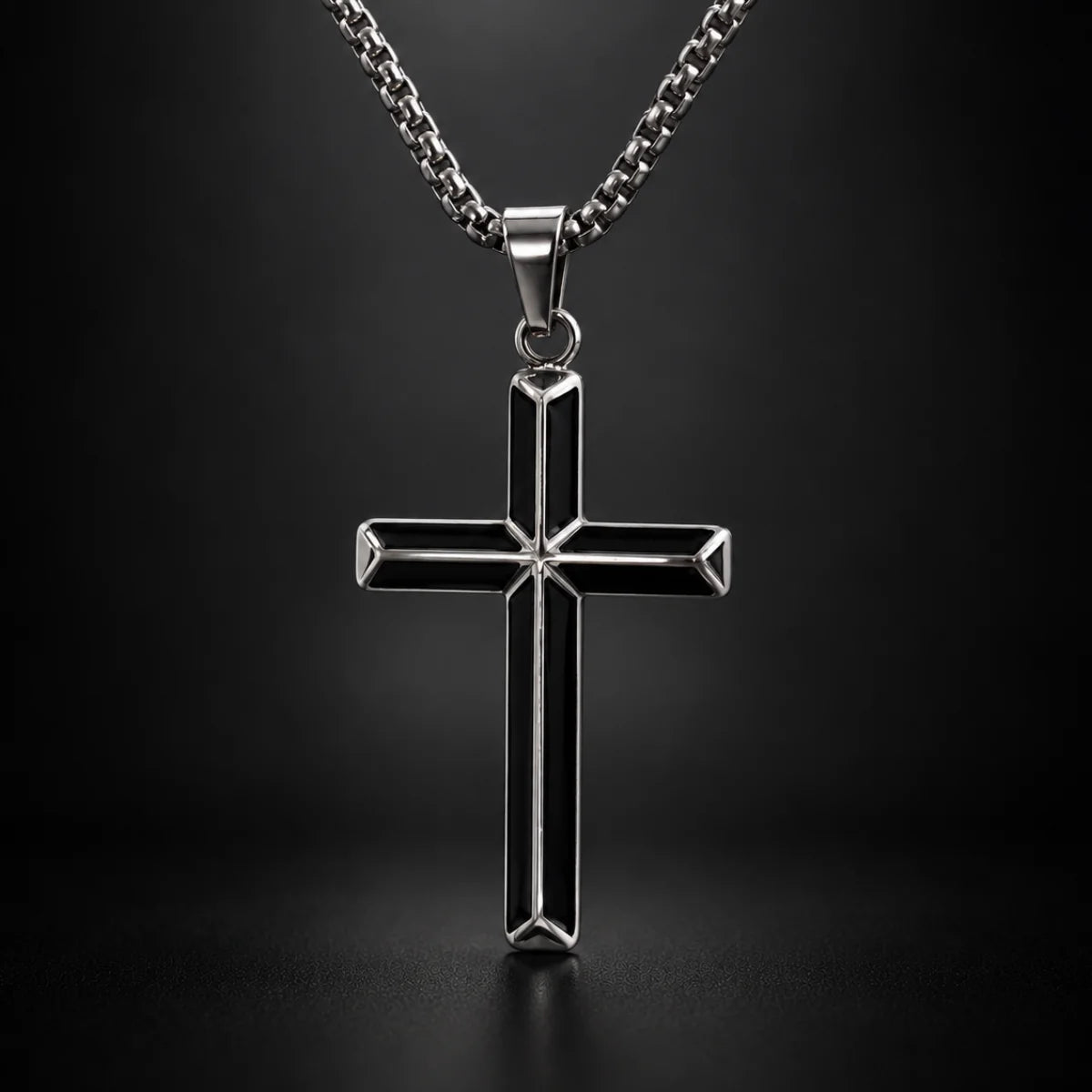 Black Enamel Cross Necklace Silver Close Up Black Background