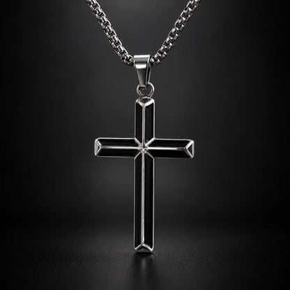 Black Enamel Cross Necklace Silver Close Up Black Background