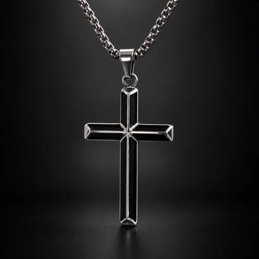 Black Enamel Cross Necklace Silver Close Up Black Background