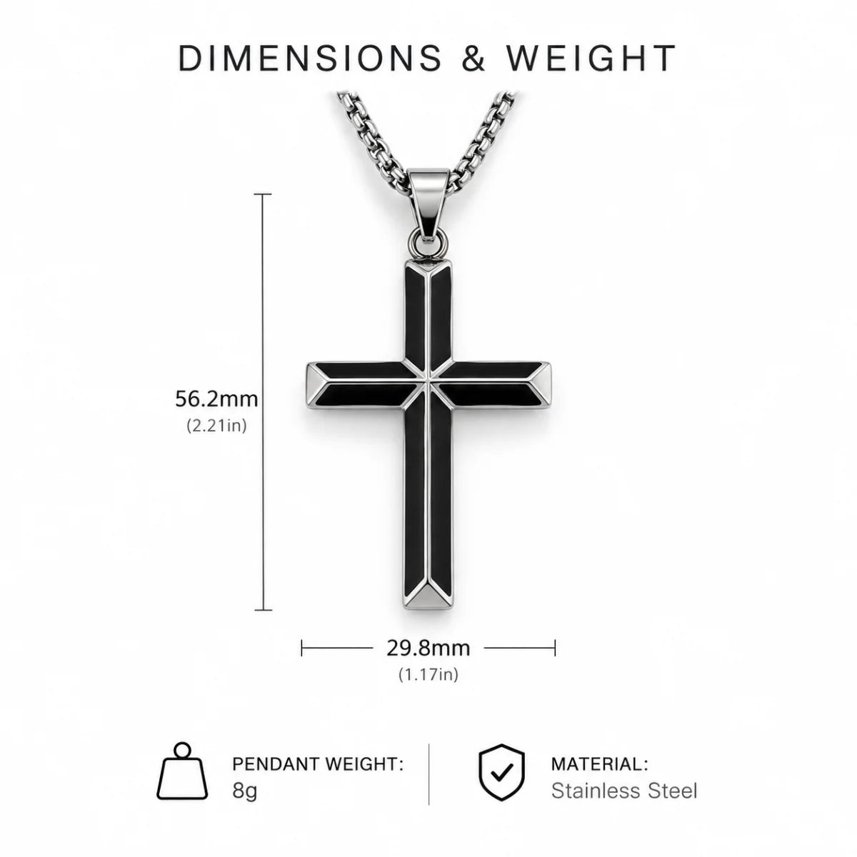Black Enamel Cross Necklace Silver Dimension Diagram 52.0mm 2.05inch and 31.0mm 1.22inch 12.0g 0.42oz