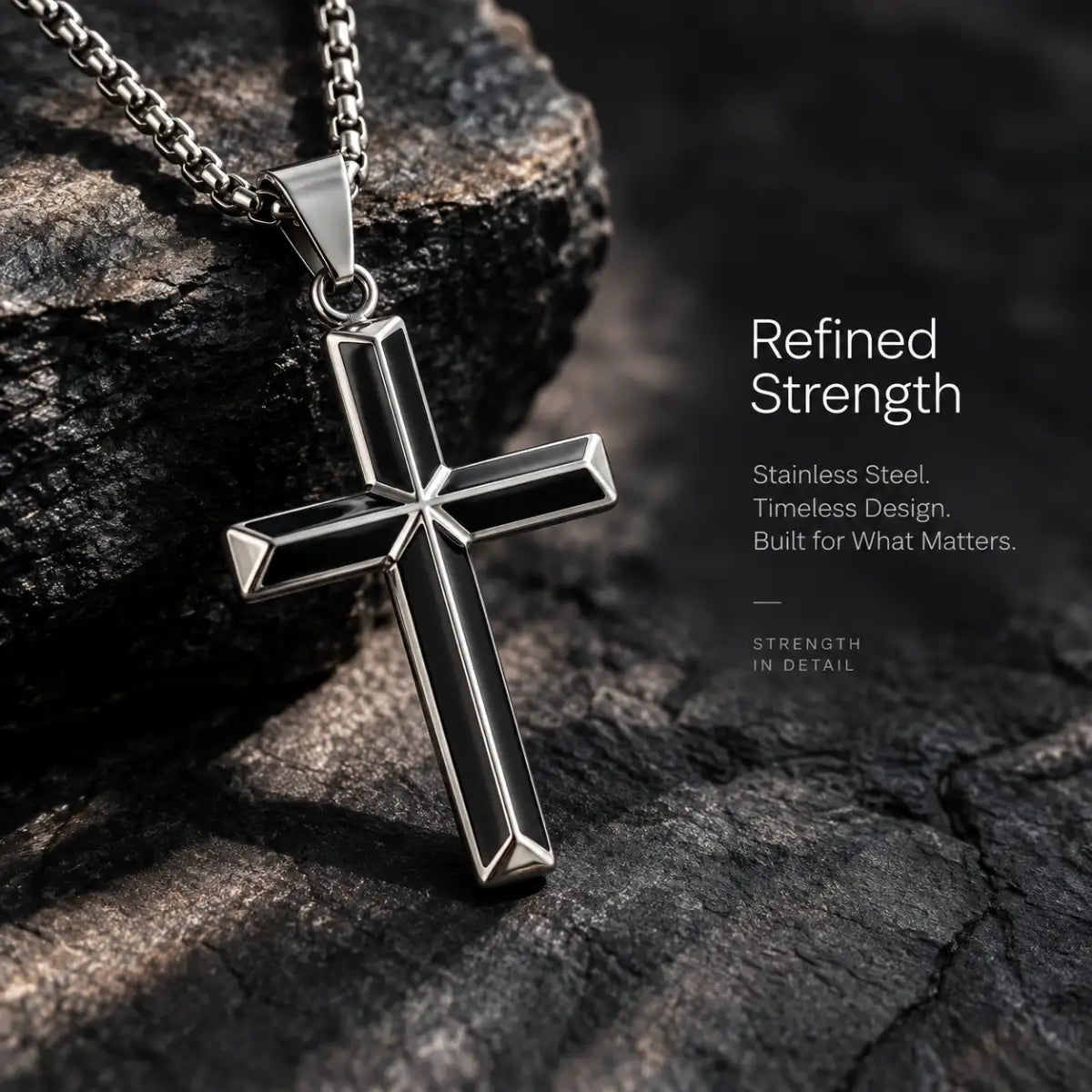Black Enamel Cross Necklace Silver Displayed on Stone Surface