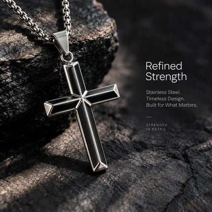 Black Enamel Cross Necklace Silver Displayed on Stone Surface