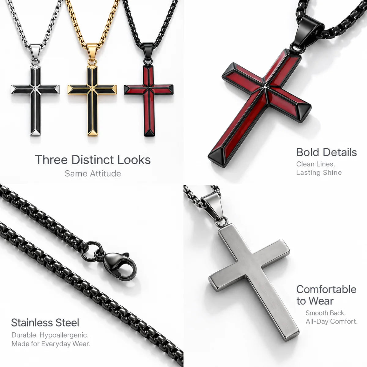 Black Enamel Cross Necklace Silver Gold Red Color and Style Options Showcase